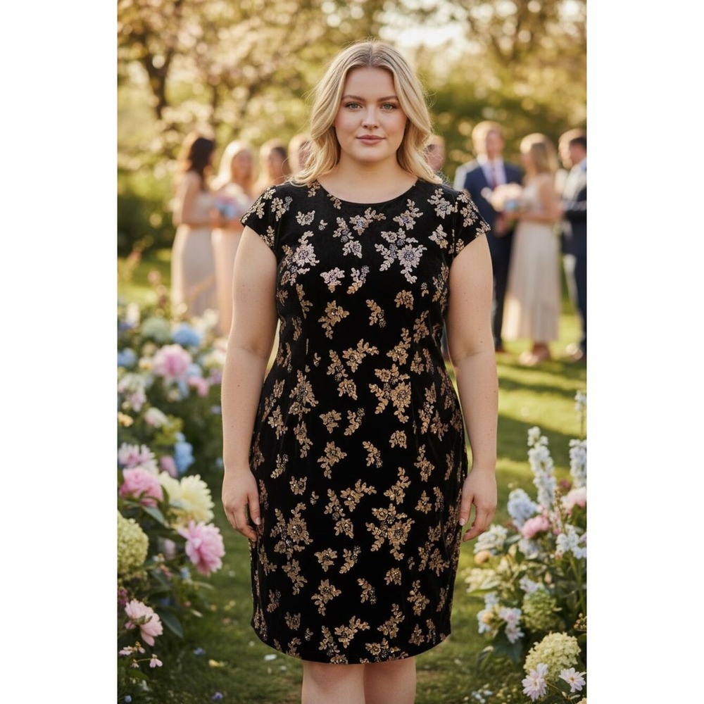 Calvin Klein Dress 20W Black Gold Sequin Velvet Wedding Guest Evening Cocktail